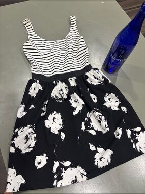 Aqua Black & White Striped Bodice Floral Fit-and-Flare Mini Dress